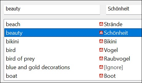 Using keyword mappings to translate from English to German.