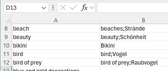 Editing keyword mappings in Microsoft Excel.