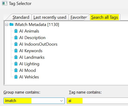 Selecting AI tags in the Tag Selector dialog.