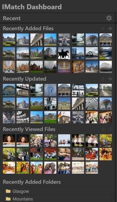 A screen shot of the 'Recent' panel in IMatch displays recently added, updated and viewed files.