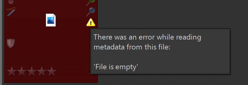 A screen shot of an error message popup in the IMatch File Window. It indicates a problem with reading or writing metadata from or to this image. Metadata problems are caused by non-standard-compliant applications with crappy metadata support. photools.com IMatch has features to detect and fix such problems.