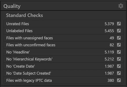 A screen shot of the Quality panel in the IMatch Dashboard. Itr is used for automatic quality checks and monitoring thresholds and facts the user has configured.