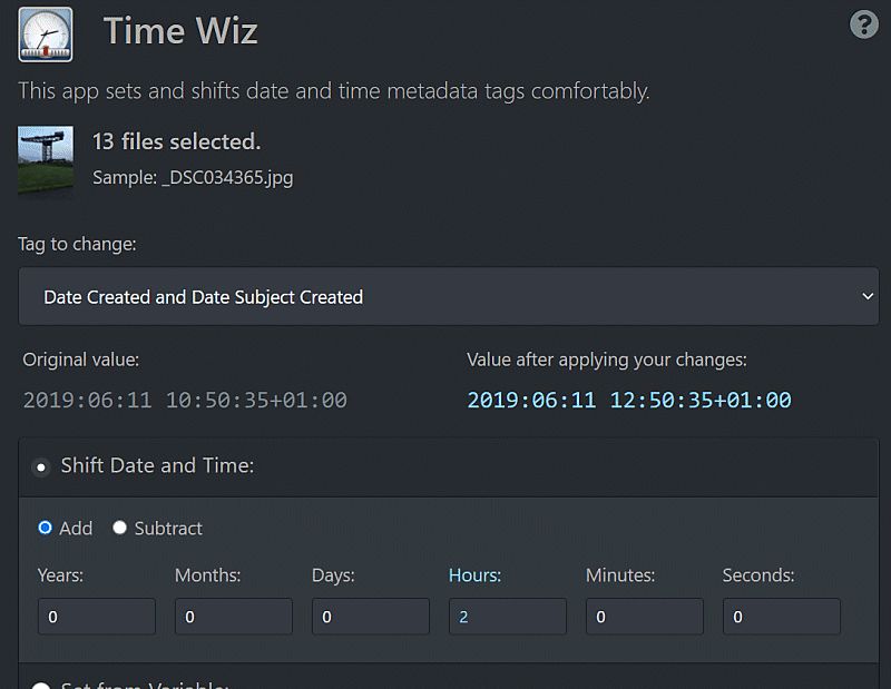 This image shows the user interface of the IMatch TimeWiz app, which allows to fix and shift time stamps in metadata comfortably.