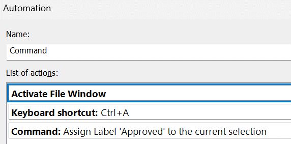 A screen shot showing the setup of an Automation Favorite in IMatch.