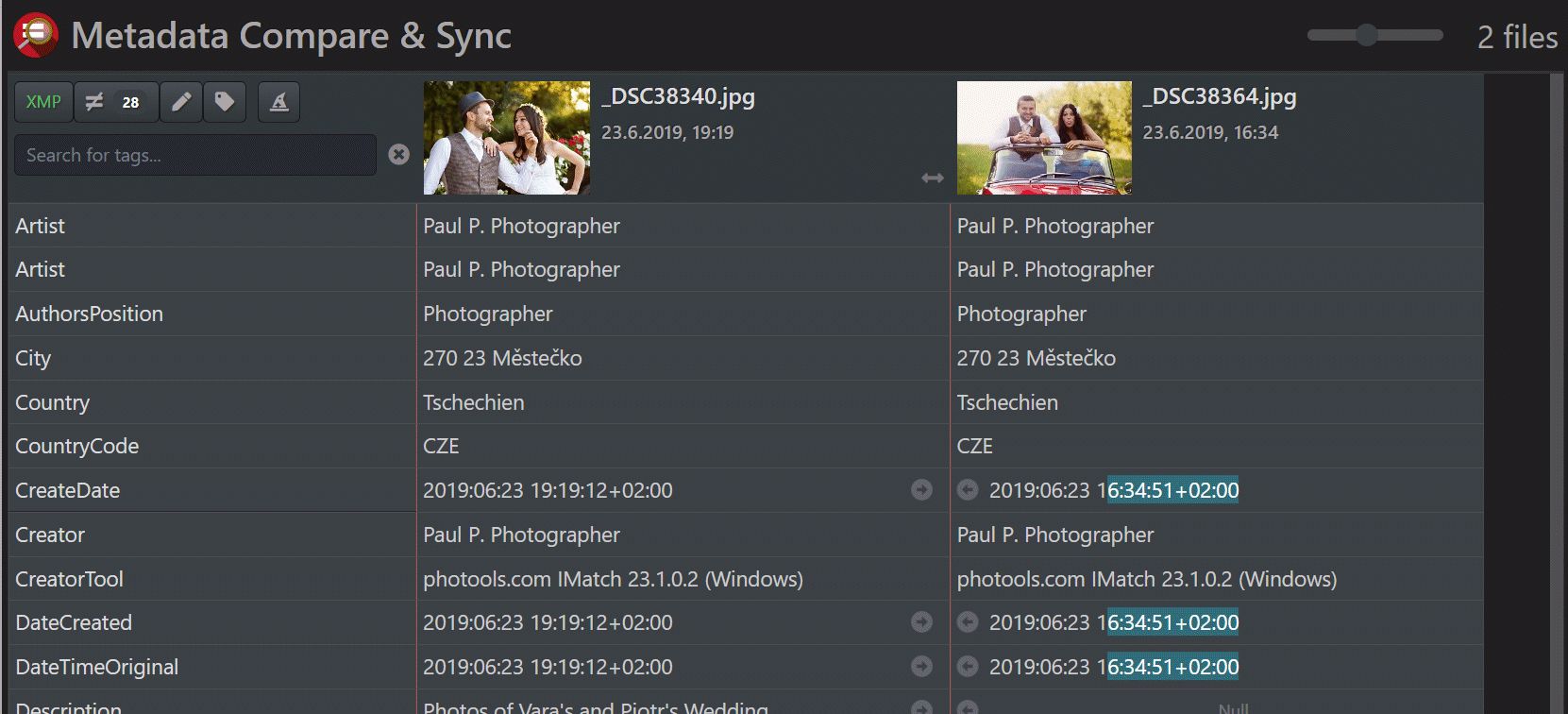 Comparing the metadata of two images side-by-side in the Metadata Compare & Sync app included with IMatch.