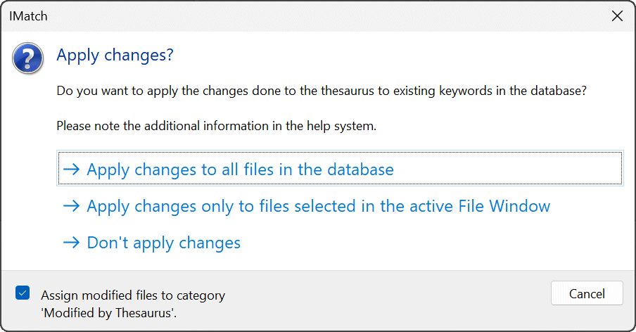 The selection dialog for updating the database from changes made in the Thesaurus.