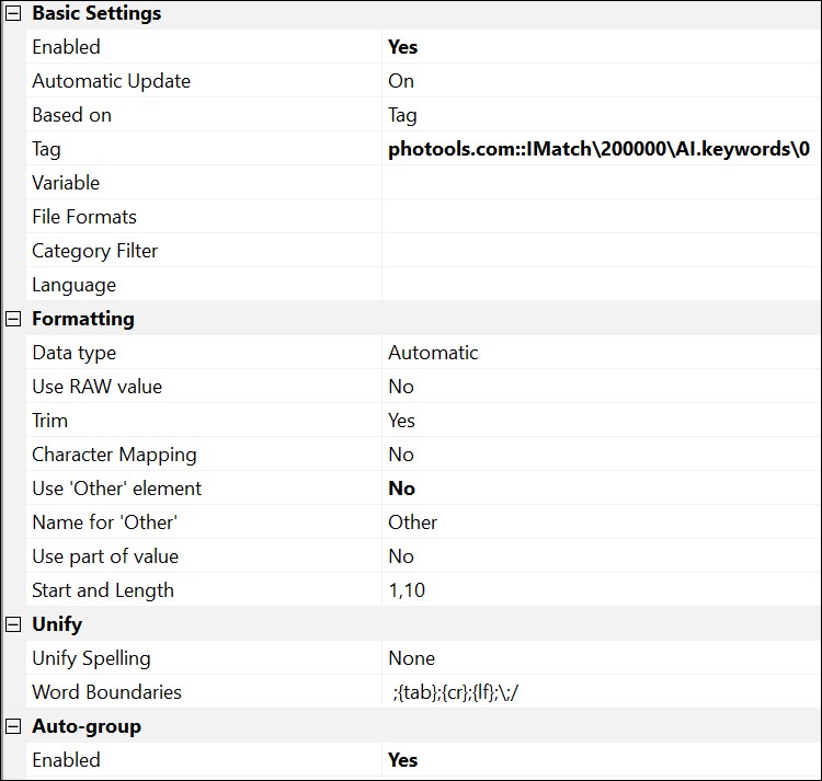 A data-driven category configuring for the IMatch AI Keywords tag.