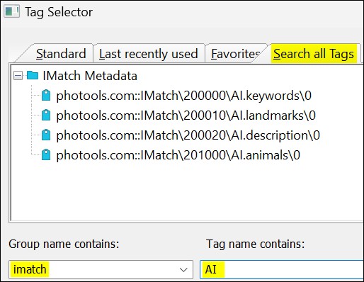 Searching for AI Tags in the Tag Selector dialog.