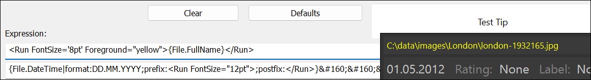 Previewing XAML in the File Window Tip configuration dialog.