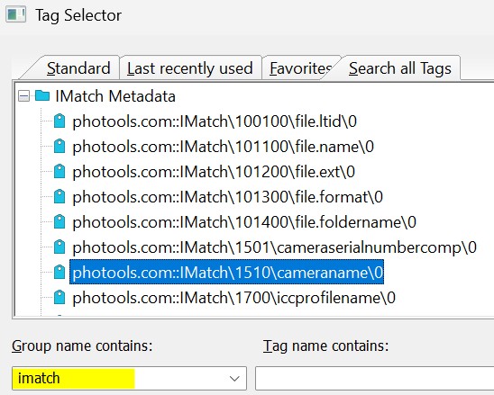 Searching for IMatch tags in the Tag Manager.