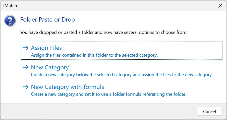 The dialog displayed when you paste folders into the Category View.