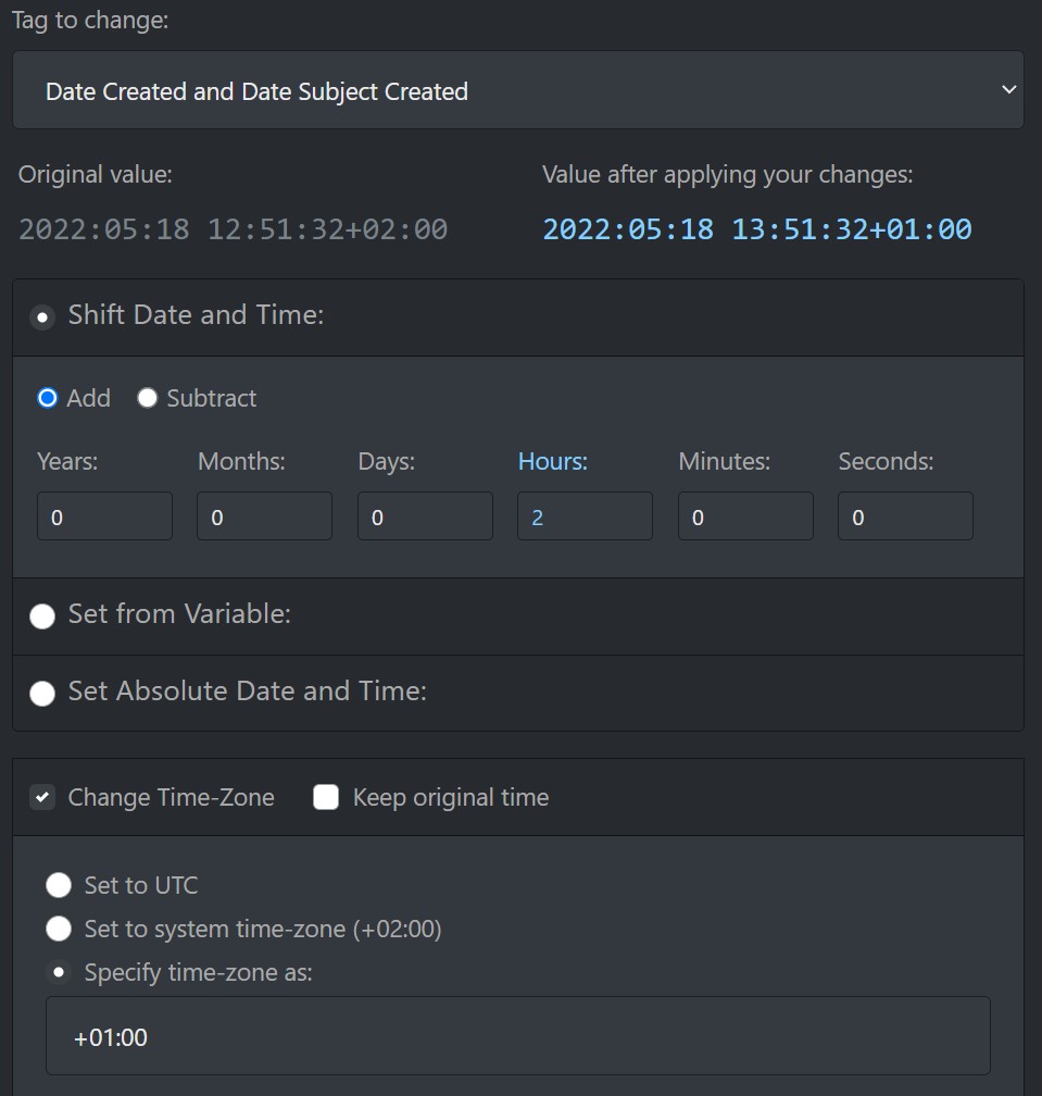 A screen shot of the IMatch TimeWiz, correcting the wrong timestamps in some image files.