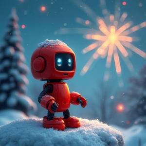 Image of a happy red robot watching fireworks outside.