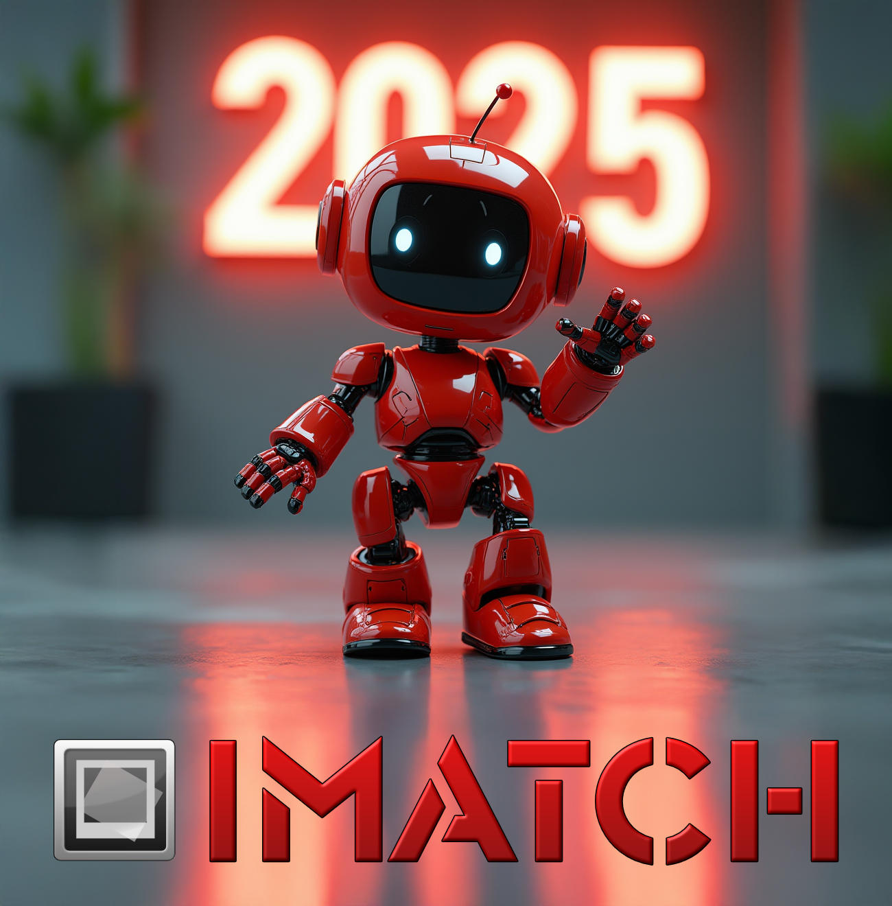 Cute little red robot with 2025 logo in the background.