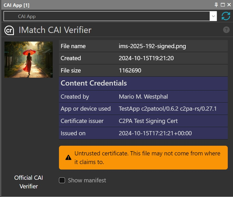 A screen shot of the free CAI app included in IMatch 2025.